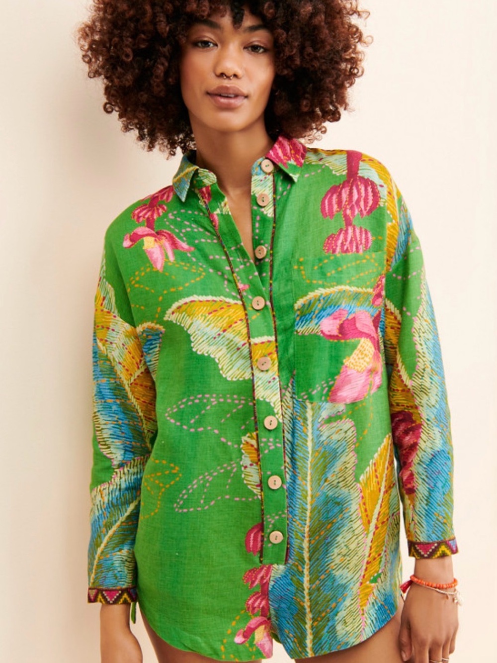 FARM Rio Green Tropical Button-Front Jumpsuit Romper